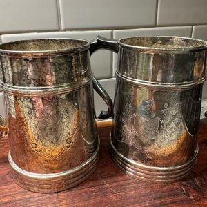 Vintage Glass Bottom Tankards Silver Plated Eagle Shield Beer Mugs Collectibles